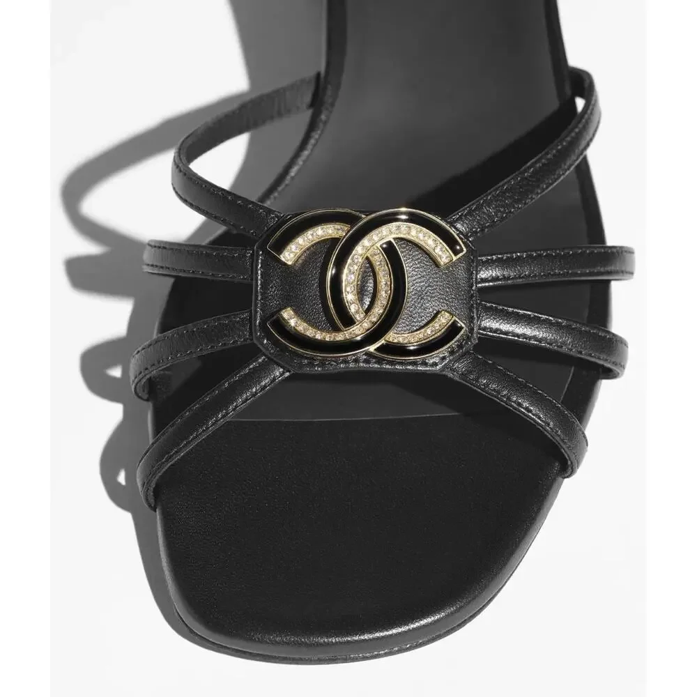 Chanel 25P Black Leather Crystal Gold CC Logo Ankle Strap Block Heel Sandal 37.5